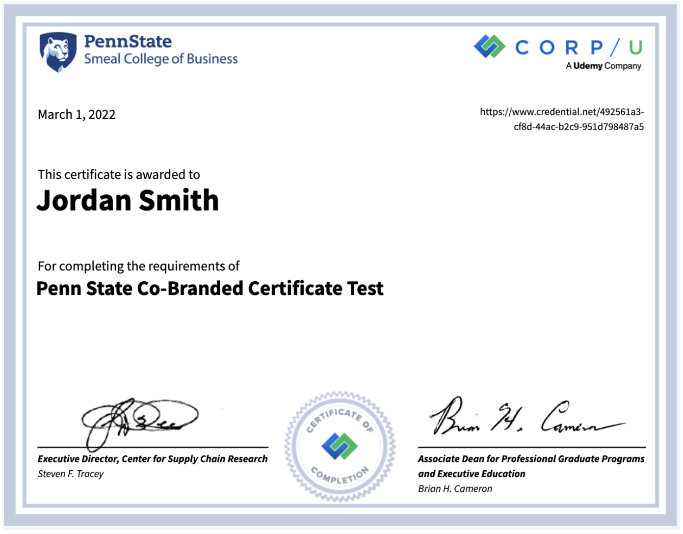 penn state certificate example