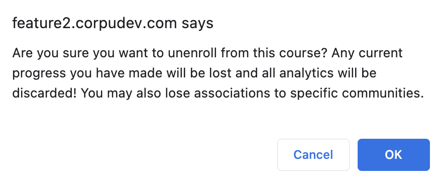pop-up da mensagem de confirmação de cancelamento no curso inscrito
