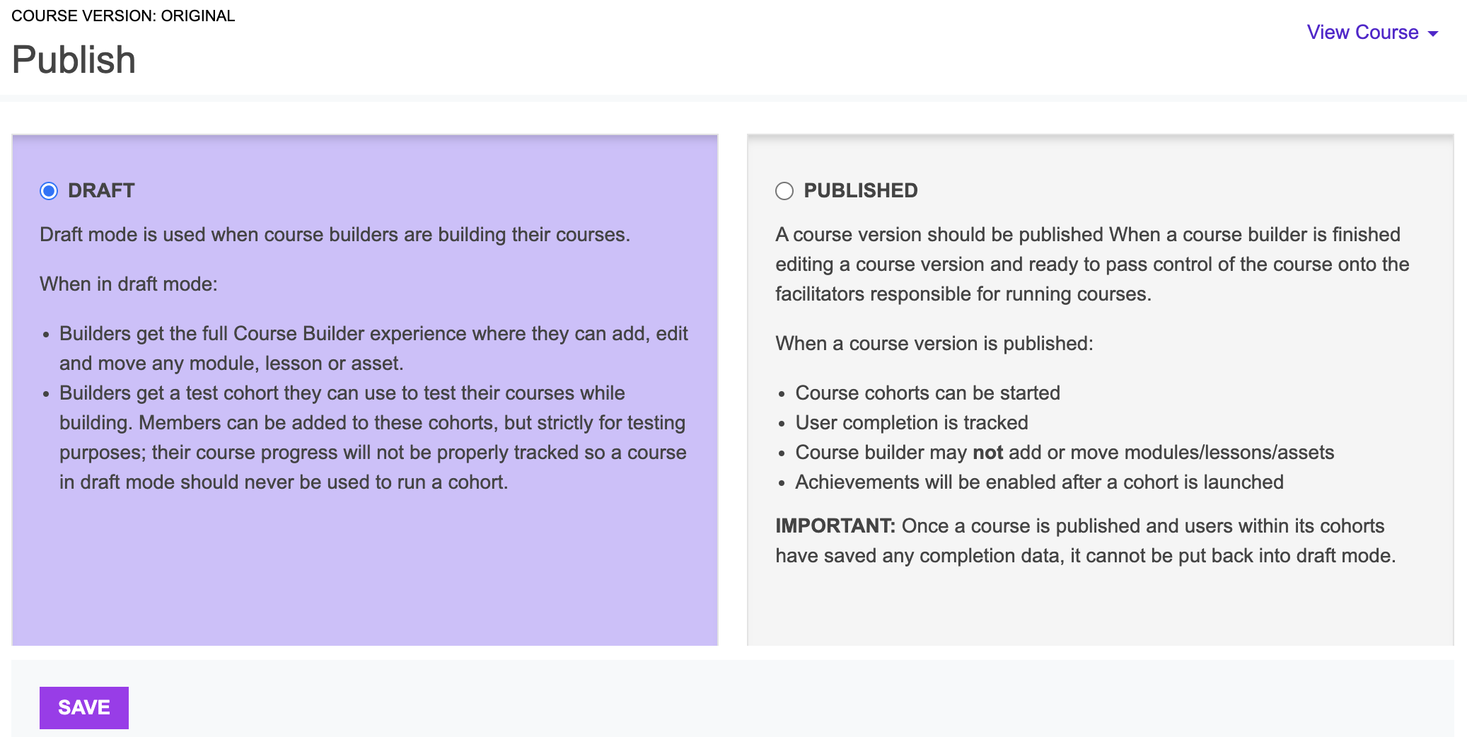 course admin panel custom publish