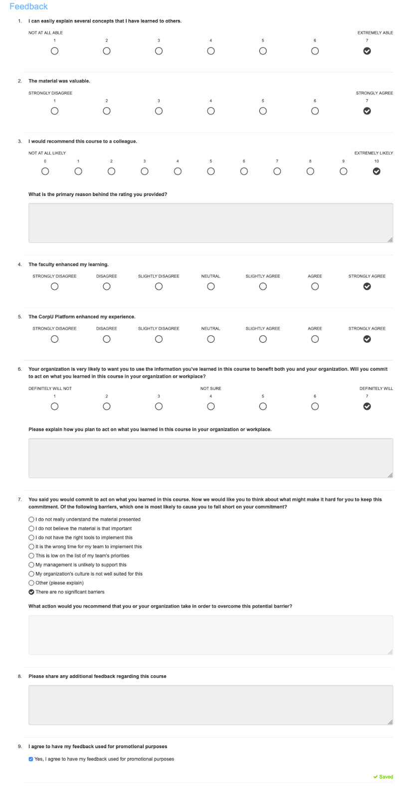 learning measurement end of course survey