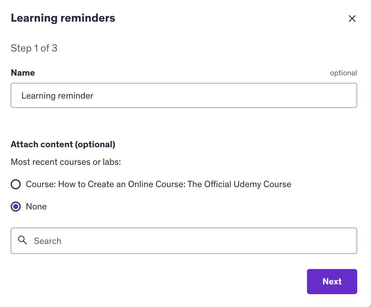 Step 1 of 3 for Learning Reminders